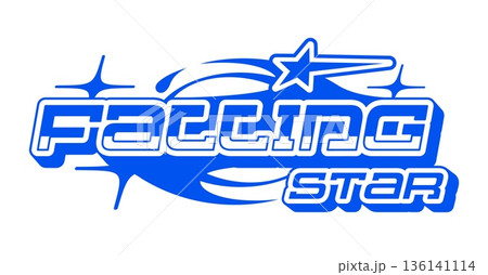 Blue Y2K streetwear falling star icon or symbol. Apparel futuristic funky emblem, brand text Y2K isolated vector print. Streetwear typography retro label element or clothing graphic vintage icon Blue Y2K streetwear falling star icon or symbol. Apparel futuristic funky emblem, brand text Y2K isolated vector print. Streetwear typography retro label element or clothing graphic vintage icon 136141114