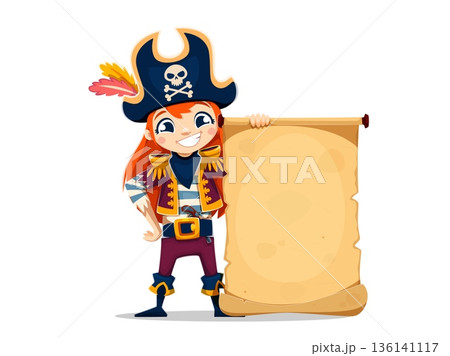 Funny kid girl pirate character holds old manuscript. Cute vector corsair girl personage in pirate uniform with golden shoulder pads and a feathered tricorn hat with skull. Funny pirate party kid 136141117