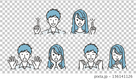 Happy, surprised, pointing young couple facial expression set 136141126