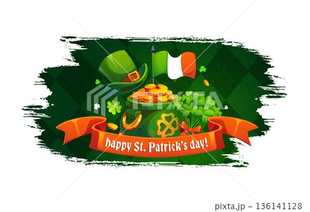 Happy St Patrick's day grunge banner. Saint Patrick holiday vector flyer, Irish party greeting card or banner with leprechaun hat, Ireland flag, shamrock clover and golden coins in cauldron op pot 136141128