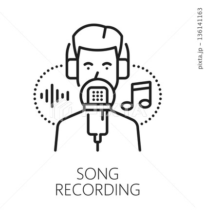 Song and sound recording line icon or label. Sound design mastering thin line icon, music production vector sign. Song and voice recording studio symbol with man performer singing in studio Song and sound recording line icon or label. Sound design mastering thin line icon, music production vector sign. Song and voice recording studio symbol with man performer singing in studio 136141163
