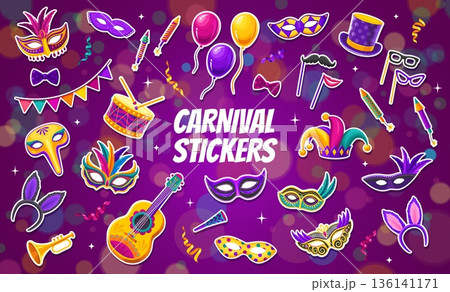 Cartoon carnival party mask and entertainment stickers with Venetian masks, mustaches, and musical instruments. Vector festive elements like fireworks, bow ties, air balloons for Mardi Gras event 136141171