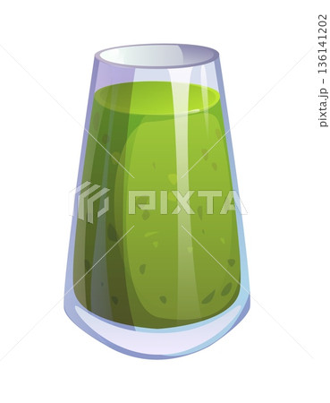 Cartoon juicy and healthy smoothie drink beverage. Tall transparent glass filled with green smoothie and dark seeds, isolated on white. Vector fresh beverage with avocado, spinach, celery and kiwi 136141202
