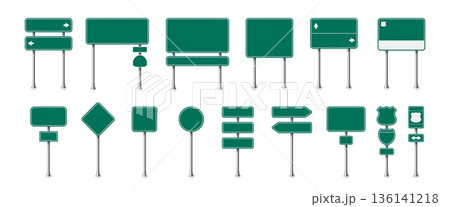Street road green traffic signs and empty highway signboards in different forms such as square, diamond and shield. Vector road signs mockups for location and destination guide 136141218