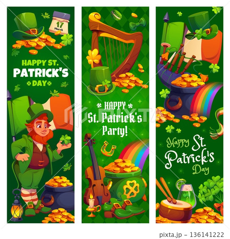 Happy st Patrick day holiday banners with cheerful leprechaun, pot of gold, shamrocks, rainbow, traditional irish instruments and festive decorations for celebration, highlight culture of Ireland 136141222