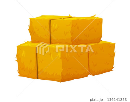 Cartoon stacked hay cubes, square golden yellow bales. Isolated vector neatly arranged straw blocks symbolize harvest, agriculture, rural life, autumn decorations or countryside outdoor storage Cartoon stacked hay cubes, square golden yellow bales. Isolated vector neatly arranged straw blocks symbolize harvest, agriculture, rural life, autumn decorations or countryside outdoor storage 136141238