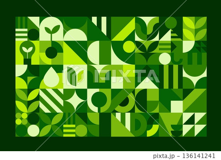 Environment background ecology geometric nature Bauhaus pattern. Ecology protection vector background, planet Earth saving Bauhaus abstract green forms print. Environment geometric backdrop or pattern 136141241