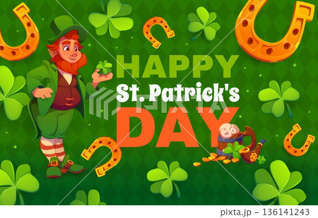 St Patrick day holiday greeting card with leprechaun and shamrock clovers, vector poster. Happy Saint Patrick day greeting with leprechaun character, trefoil shamrock, golden horseshoe and ale beer 136141243