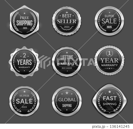 Sale, shipping or warranty silver badges, labels and award seals vector laurel wreaths. Silver badges for product quality guarantee sticker, free delivery on global shipping and bestseller best choice 136141245
