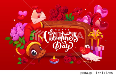Happy Valentine day greeting card with romantic elements like roses, hearts, gifts, dove holding a love note, a candle, and a cute snake animal peeking from the side at deep red festive background Happy Valentine day greeting card with romantic elements like roses, hearts, gifts, dove holding a love note, a candle, and a cute snake animal peeking from the side at deep red festive background 136141260