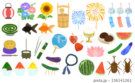 お盆のイラストセット ベクター素材 お盆のイラストセット ベクター素材 136141261