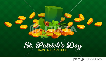 St patrick's day banner with leprechaun hat and golden coins. Irish celebration vector greeting card, Saint Patrick party poster or flyer with leprechaun gold, green top hat and handwritten typography 136141282