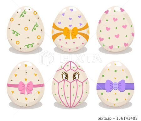 Color decorated Easter eggs with different patterns, vector icon set. Traditional Eastern European food for the holiday, colorful signs. Creative festive whimsical cliparts 136141485