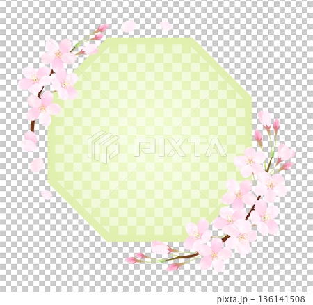 桜の花びらが舞う八角形フレーム［市松］ 136141508