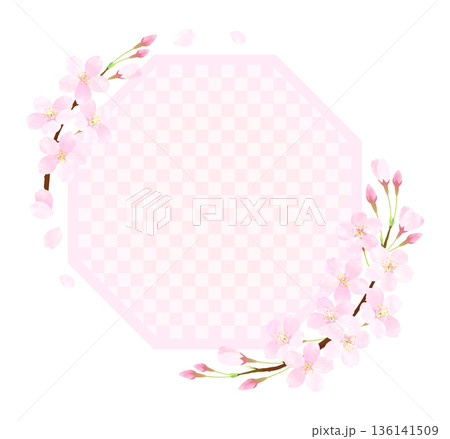 桜の花びらが舞う八角形フレーム［市松］ 136141509