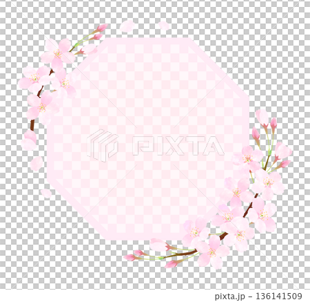 桜の花びらが舞う八角形フレーム［市松］ 136141509