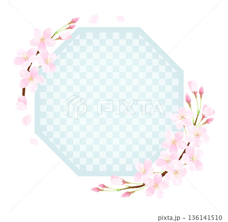 桜の花びらが舞う八角形フレーム［市松］ 136141510