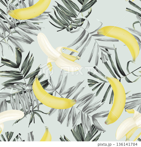 Fruit seamless pattern, Cavendish bananas with palm leaves on bright green 136141784