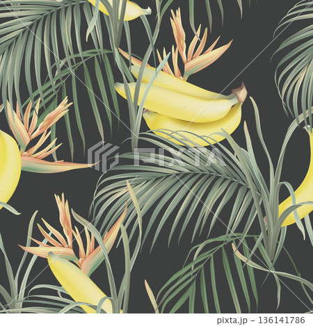 Botanical seamless pattern, Cavendish bananas with various plants on dark grey Botanical seamless pattern, Cavendish bananas with various plants on dark grey 136141786
