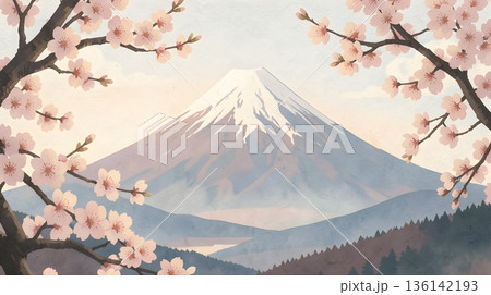 和紙の質感の桜の枝越しに望む富士山 136142193