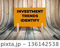 Concept words Investment Trends Identify, Mascot Concrete Texture Rectangle Card Held By Clothespin Wooden Texture Background, Business and Investment Trends Identify Theme 136142538
