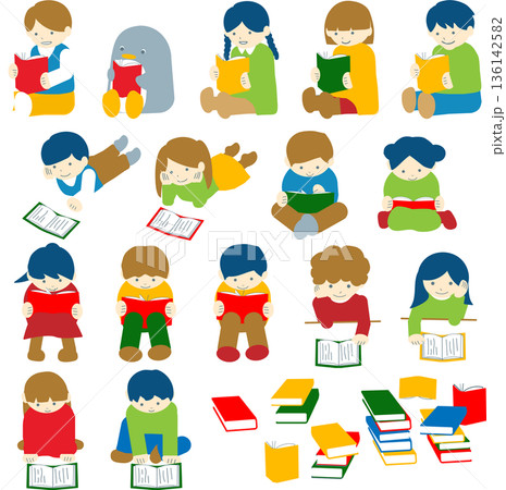 読書を楽しんでいる子どもたちのイラスト素材セット 読書を楽しんでいる子どもたちのイラスト素材セット 136142582