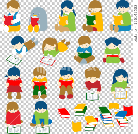 読書を楽しんでいる子どもたちのイラスト素材セット 読書を楽しんでいる子どもたちのイラスト素材セット 136142582
