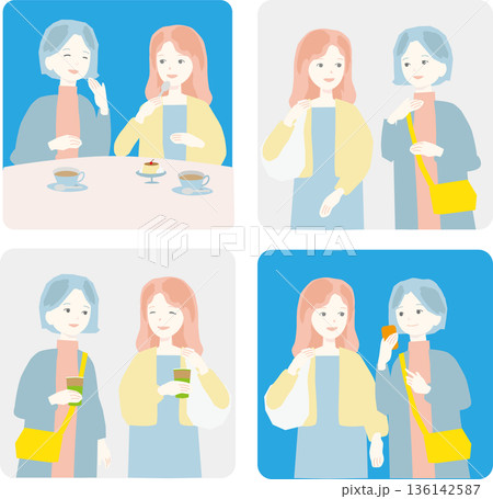 旅行やショッピングを楽しむ女性たちのイラストセット 旅行やショッピングを楽しむ女性たちのイラストセット 136142587