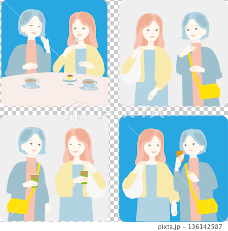旅行やショッピングを楽しむ女性たちのイラストセット 旅行やショッピングを楽しむ女性たちのイラストセット 136142587
