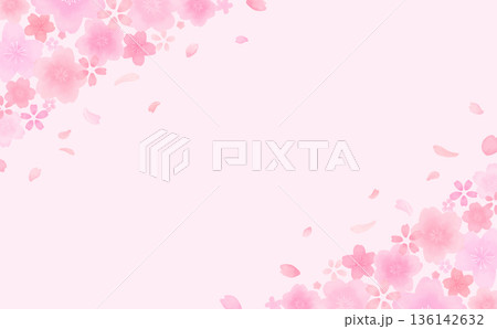 水彩風のかわいい桜の舞い散るフレーム_上下斜め_横 136142632