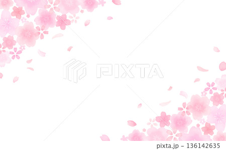 水彩風のかわいい桜の舞い散るフレーム_上下斜め_背景なし_横 136142635