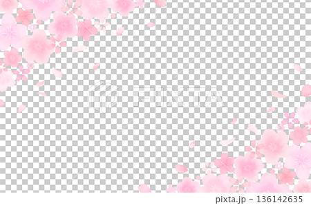 水彩風のかわいい桜の舞い散るフレーム_上下斜め_背景なし_横 136142635