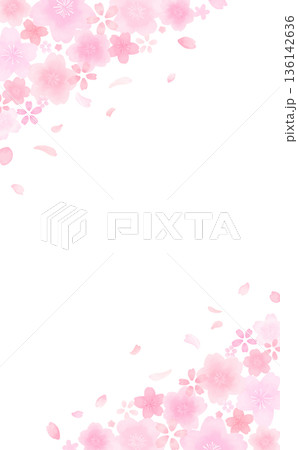 水彩風のかわいい桜の舞い散るフレーム_上下斜め_背景なし_縦 136142636