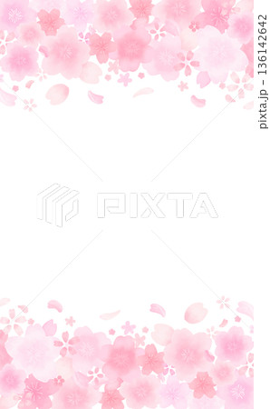 水彩風のかわいい桜の舞い散るフレーム_上下_背景なし_縦 水彩風のかわいい桜の舞い散るフレーム_上下_背景なし_縦 136142642