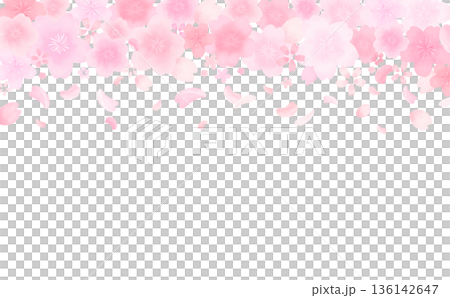 水彩風のかわいい桜の舞い散るフレーム_上_背景なし_横 水彩風のかわいい桜の舞い散るフレーム_上_背景なし_横 136142647