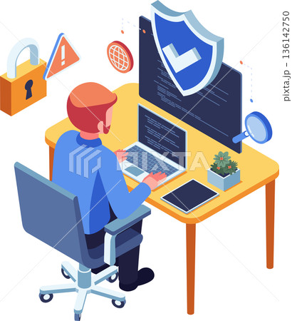 Isometric Businessman Using Laptop with Online Scam Protection Isometric Businessman Using Laptop with Online Scam Protection 136142750