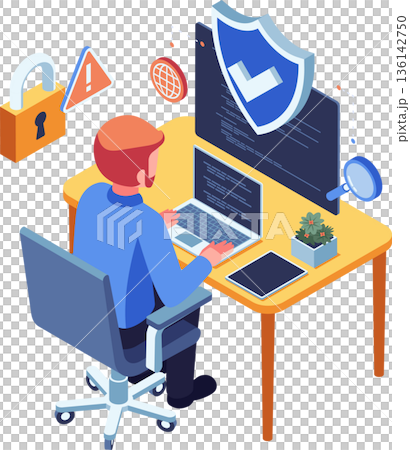Isometric Businessman Using Laptop with Online Scam Protection Isometric Businessman Using Laptop with Online Scam Protection 136142750