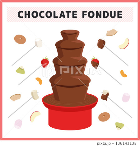 チョコレートフォンデュのイラストセット チョコファウンテンとフルーツ お菓子のベクター素材 136143138
