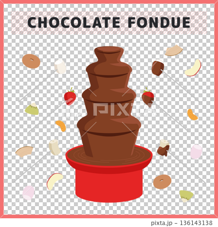 チョコレートフォンデュのイラストセット チョコファウンテンとフルーツ お菓子のベクター素材 136143138