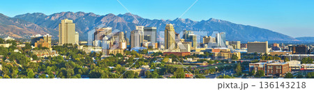 Aerial Salt Lake City Skyline Wasatch Mountains Downtown Panorama Golden Hour 136143218