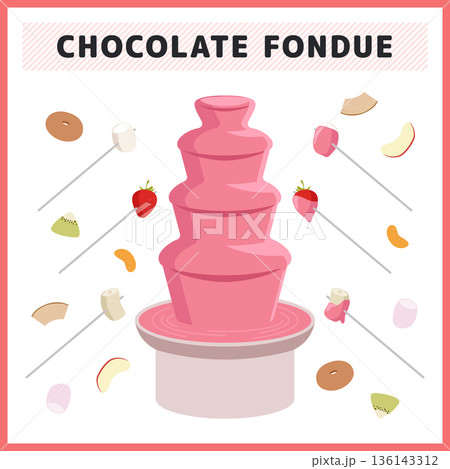 チョコレートフォンデュのイラストセット チョコファウンテンとフルーツ お菓子のベクター素材 136143312