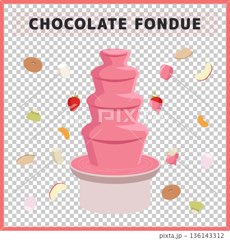 チョコレートフォンデュのイラストセット チョコファウンテンとフルーツ お菓子のベクター素材 136143312