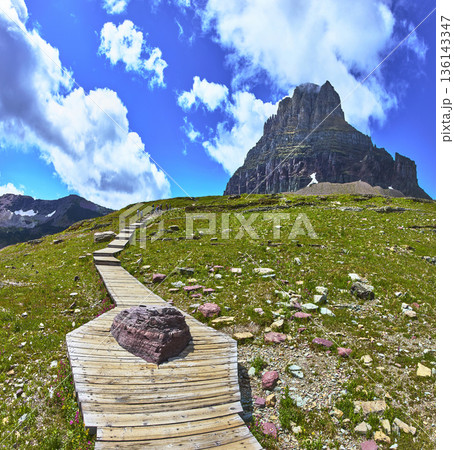 Hidden Lake Trail Boardwalk and Mountain Under Blue Sky in Montana 136143347