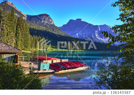 Emerald Lake Canoe Dock Reflections and Mountain Landscape Canada Emerald Lake Canoe Dock Reflections and Mountain Landscape Canada 136143387