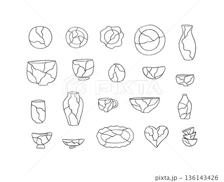 Japan Kintsugi ceramics line art set Japan Kintsugi ceramics line art set 136143426