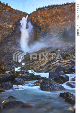 Takakkaw Falls Powerful Cascade Waterfall and Rugged Mountain Landscape 136143431