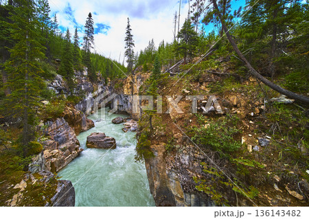 Rugged Canyon River and Evergreen Forest with Turquoise Water and Rocky Cliffs 136143482