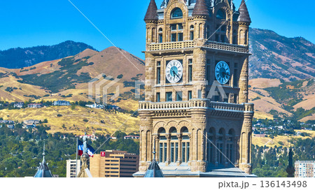 Aerial County Building Clock Tower and Downtown Salt Lake City Utah 136143498