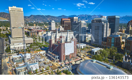 Aerial Salt Lake City Downtown Utah Salt Lake Temple Skyscrapers Mountain View 136143573