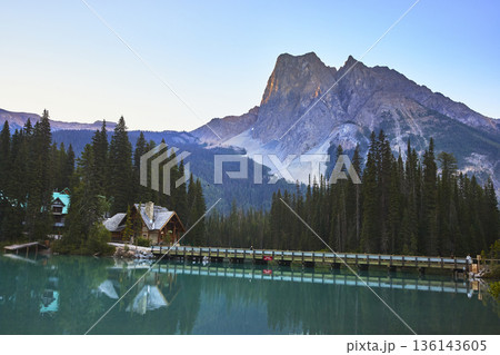 Emerald Lake Lodge Bridge and Mountain Reflections at Sunrise in Yoho National Park 136143605